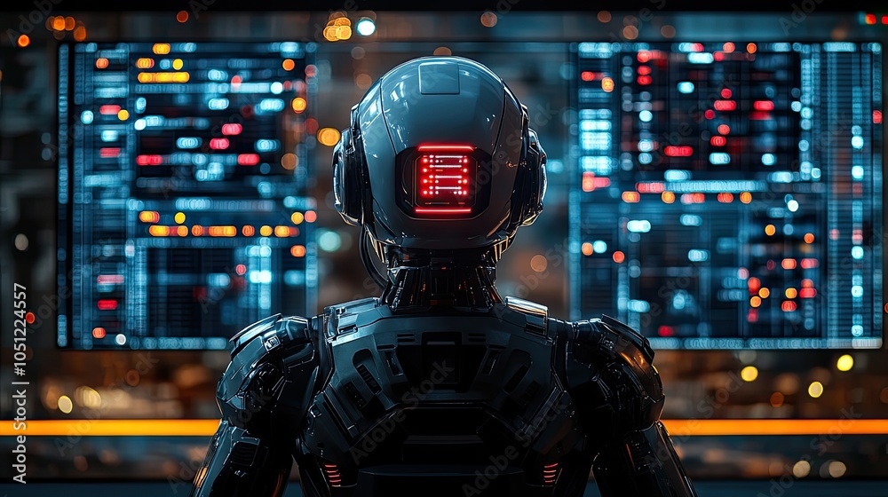Fototapete robot AI head observing virtual dashboard from above podium, symbolizing supercomputing.