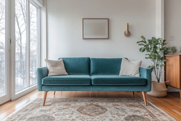 A modern teal sofa with decorative pillows sits elegantly in bright living room, surrounded by natural light and greenery, creating cozy atmosphere