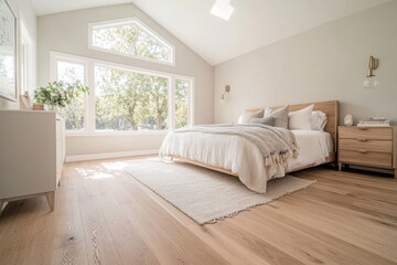 Fototapeta premium A bright and airy bedroom featuring large windows, cozy bed with soft linens, and natural wood flooring. serene atmosphere invites relaxation and comfort