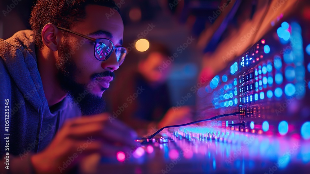 Poster router is in focus while man connects cable in the background, symbolizing internet connectivity and tech.image