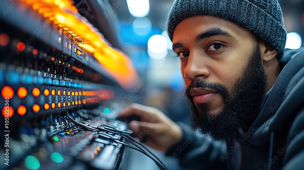 Poster router is in focus while man connects cable in the background, symbolizing internet connectivity and