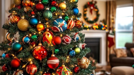 Decorated Christmas tree with colorful ornaments