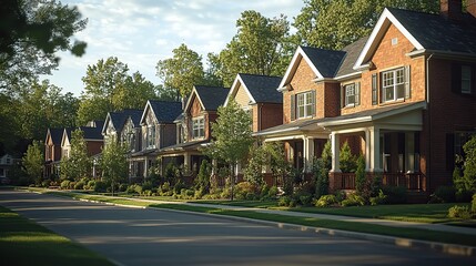 row of well-maintained houses with lush greenery, displaying an idyllic American town street and sense of community.