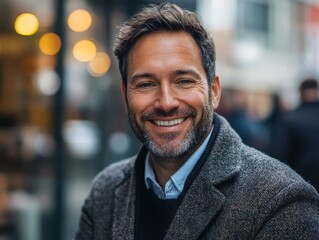 Smiling man with beard wearing a coat, standing in a city street background.
