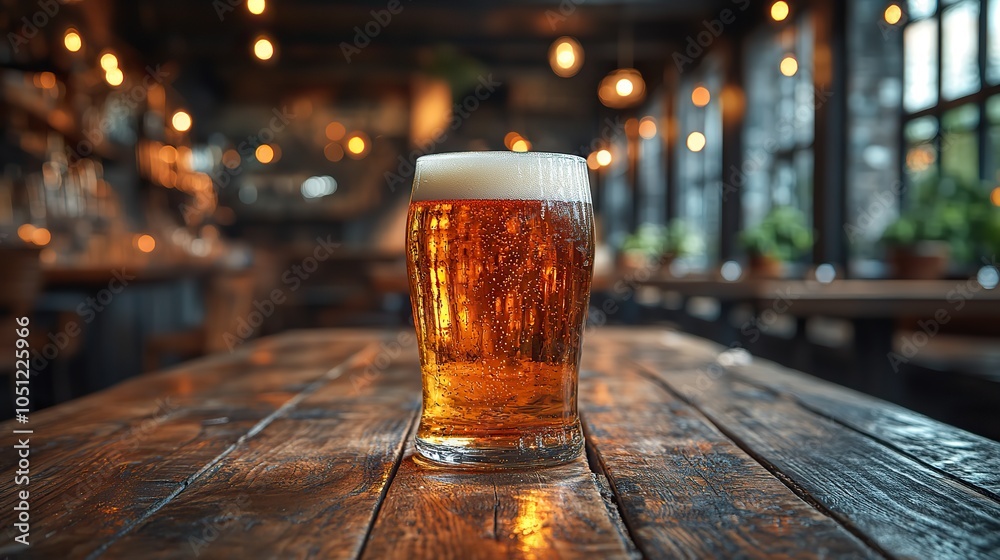 Poster rustic wooden table with several beer glasses arranged neatly, creating cozy atmosphere.illustration