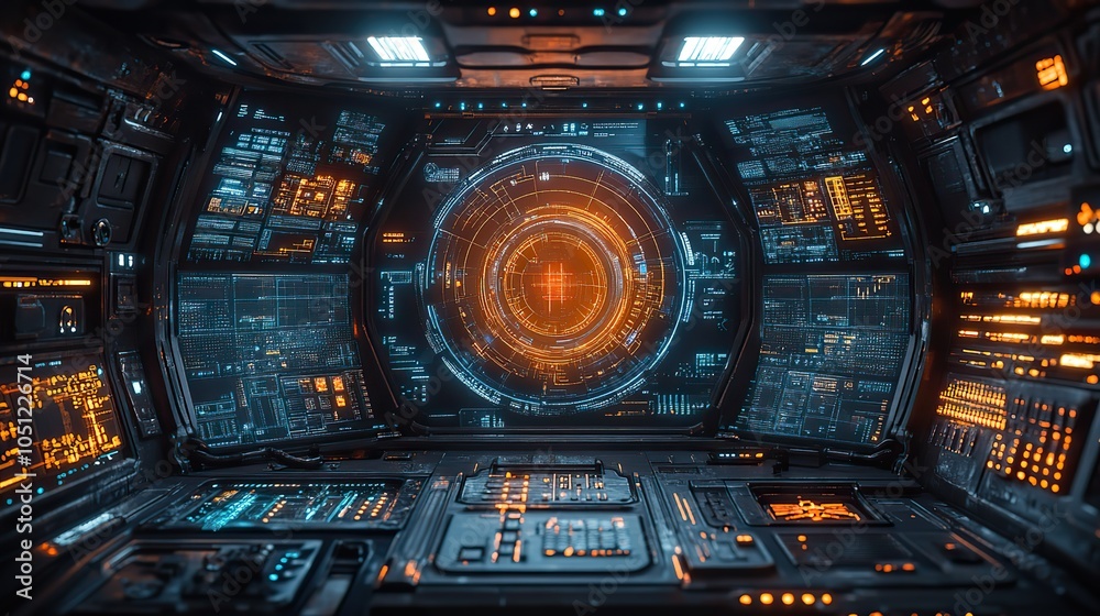 Poster sci-fi futuristic hud display showcases virtual reality technology, offering insights into advanced 