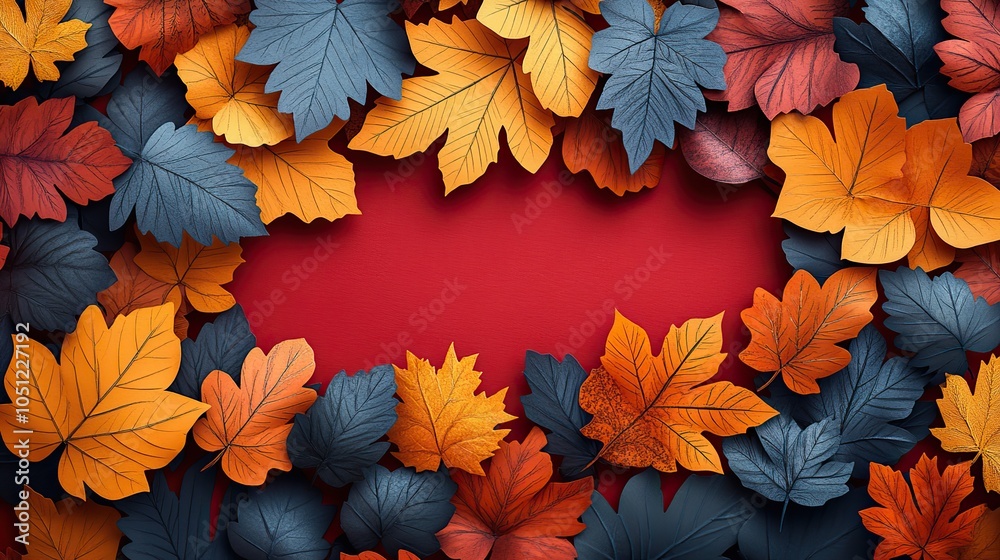 Poster seamless pattern made of colorful autumn leaves on red background, representing the Hello Autumn or Thanksgiving Day holiday, perfect for greeting card or poster designs in paper-cut style.