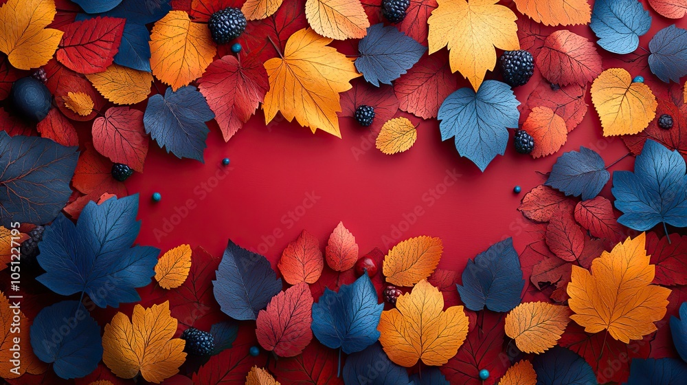 Poster seamless pattern made of colorful autumn leaves on red background, representing the Hello Autumn or Thanksgiving Day holiday, perfect for greeting card or poster