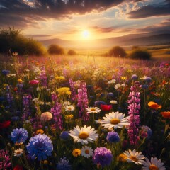 Fototapeta premium Wildflower meadow in full bloom under a clear spring sky