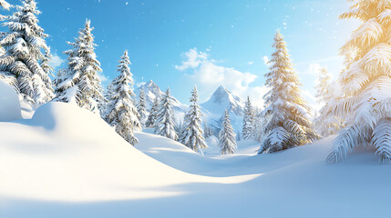 Fototapeta premium serene winter landscape featuring snow covered pine trees under bright blue sky. sunlight creates warm glow, enhancing beauty of snowy scene