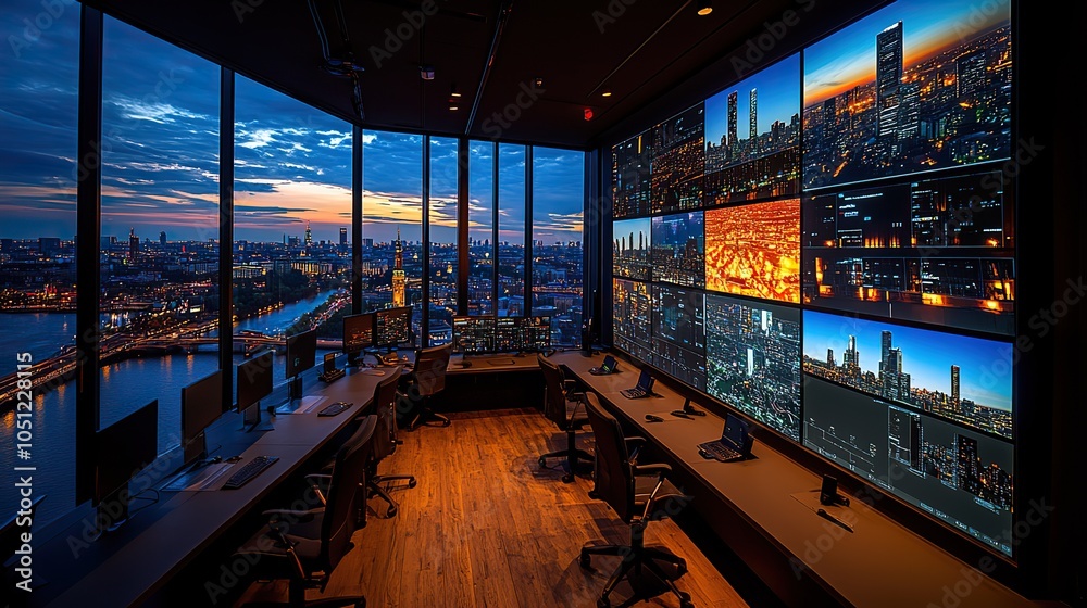 Poster security control room featuring multiple monitors displaying live footage of the city, in dark light