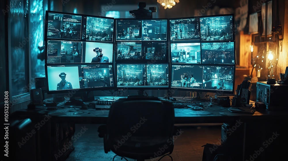 Poster security office with multiple monitors displaying live footage from surveillance cameras, set in dark room.image