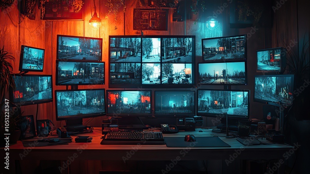 Poster security office with multiple monitors displaying live footage from surveillance cameras, set in dark room.illustration