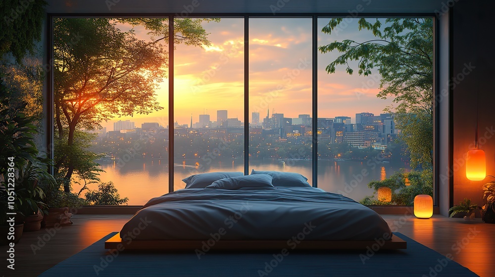 Aufkleber serene bedroom scene featuring cityscape visible from large window.image