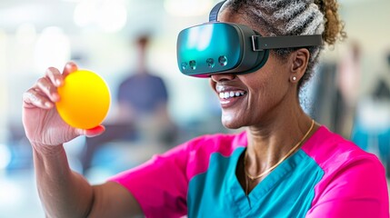 Innovative Healthcare Provider Demonstrating VR Physical Therapy Tool to Patient in Rehabilitation Center