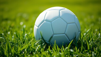 Fototapeta premium A white soccer ball rests on a lush green field, its textured surface reflecting the sunlight, symbolizing the thrill of the game and the joy of outdoor recreation.