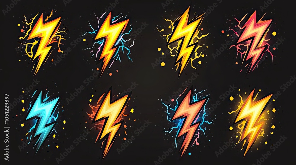 Poster set of lightning bolts and thunderstorm symbols representing magic or natural power.image