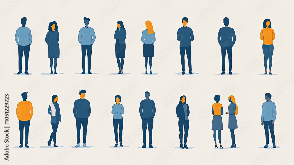 Poster set of simple icons representing people in groups, designed in blue and grey against white backgroun