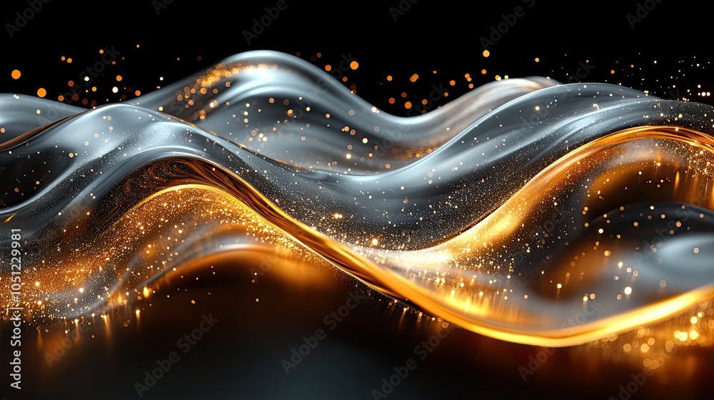 Poster shimmering abstract pattern with golden and silver wavy lines, symbolizing modern design elements.il