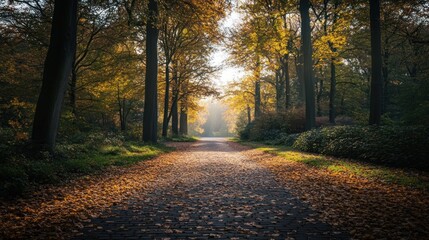 Obraz premium A paved path lined with autumn trees leads into a misty forest.