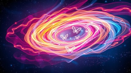 Abstract swirl of light and color, ethereal butterflies floating in a cosmic dance.