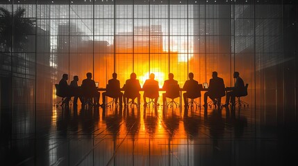 Fototapeta premium silhouette of businesspeople sitting around table, engaging in conversation at meeting.