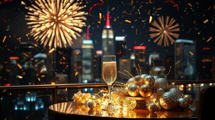 A Festive Celebration with Sparkling Wine and Golden Ornaments on a Table with a Cityscape Backdrop