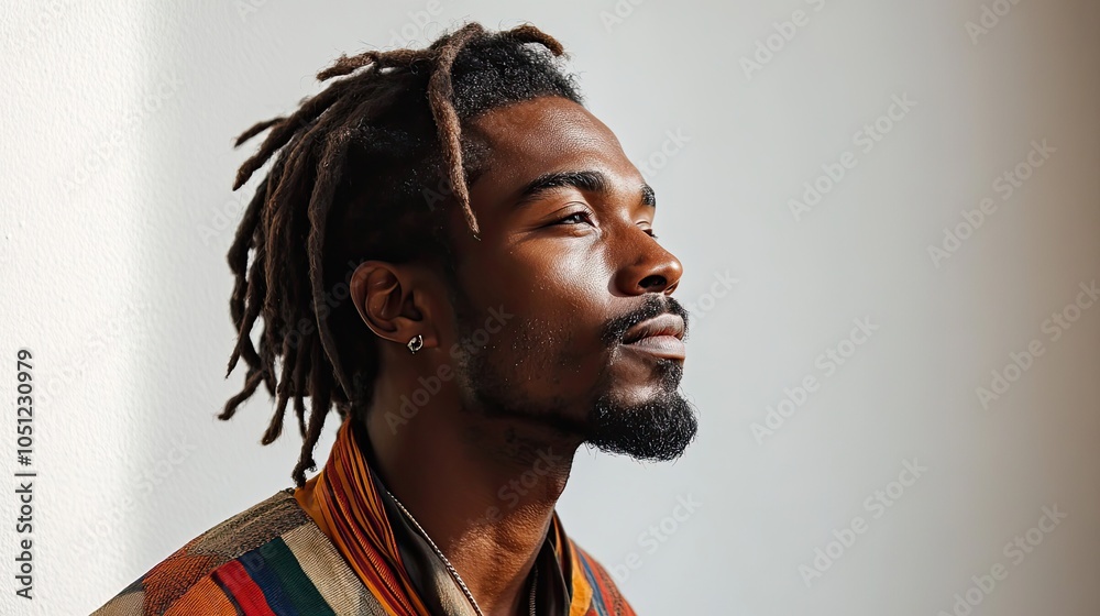 Poster silhouette profile view of man with dreadlocks, set against white background, representing minimalis