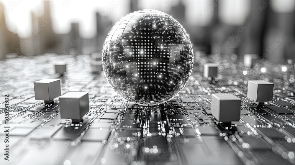 Poster silver digital globe surrounded by small cube icons on white background represents global network co