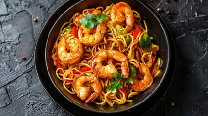 Top view of Fried Noodles with shrimp and vegetables served in a black bowl on a dark slate table.