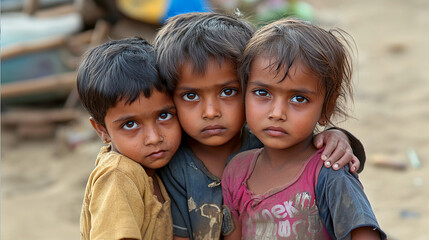 Portrait of three poor indian children.