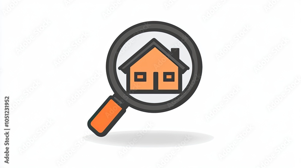 Poster simple magnifying glass logo with house inside on white background, using minimalistic design elemen