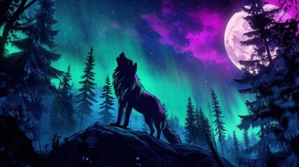 Naklejka premium Wolf Howling Under the Northern Lights