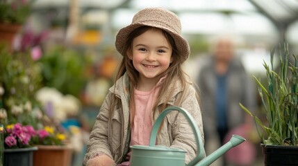 Smiling girl tends to plants, elders present.