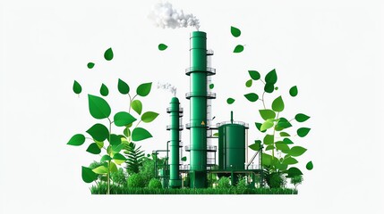 A vibrant green industrial facility surrounded by lush leaves, symbolizing eco-friendly technology and sustainable practices in the industrial sector.