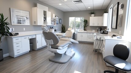 sleek and modern dental office interior is displayed with high-tech equipment.illustration