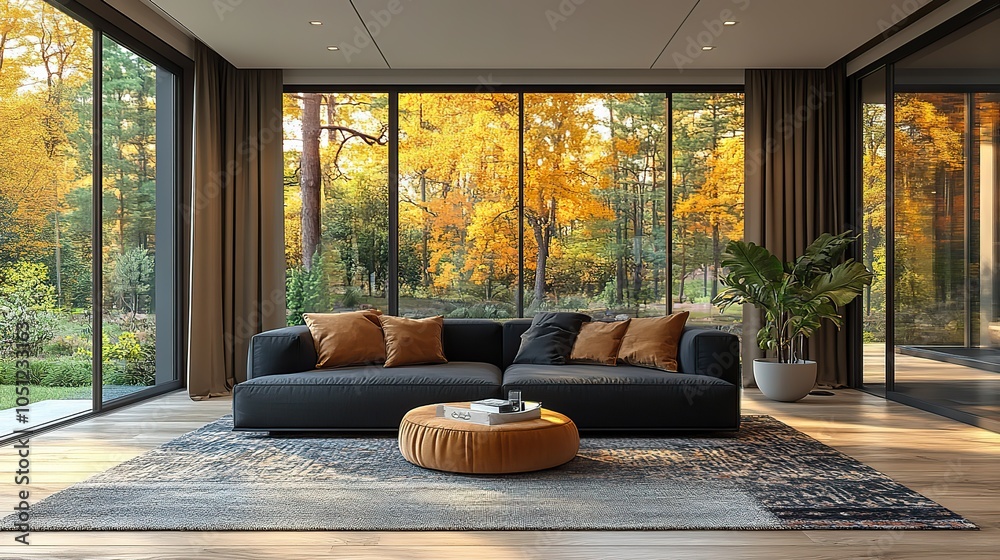 Poster sleek black sof with pillows and patterned curtains, creating modern living room image