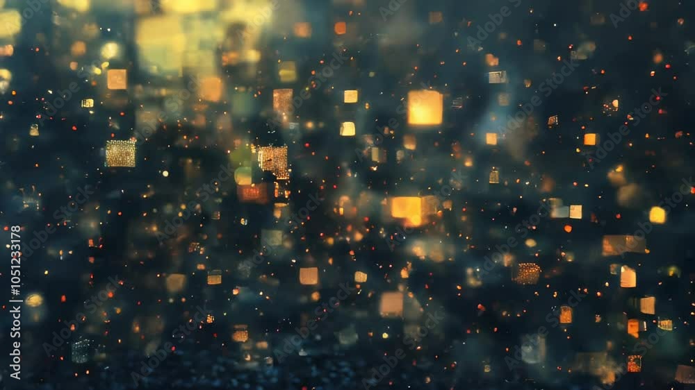 Poster abstract digital composition of glowing squares and particles, creating a futuristic and high-tech l