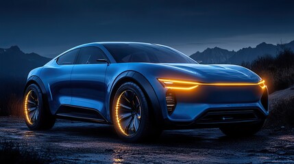 Naklejka premium sleek blue SUV with its headlights on, set against dark background for dramatic effect.stock photo