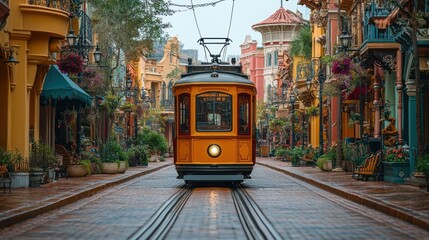Obraz premium Vintage Tramcar Traveling Through a Cobblestone Street in a European-Style Town