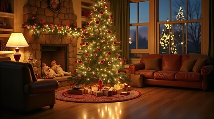 Obraz premium Cozy holiday living room with fireplace and decorated Christmas tree