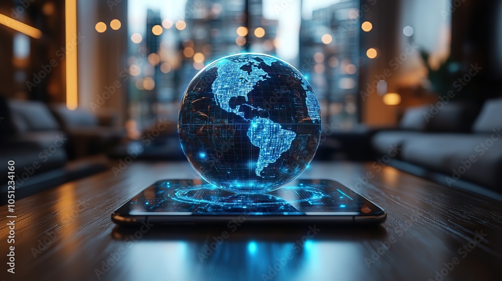 Poster smartphone displaying holographic globe, representing digital communication and global connectivity.