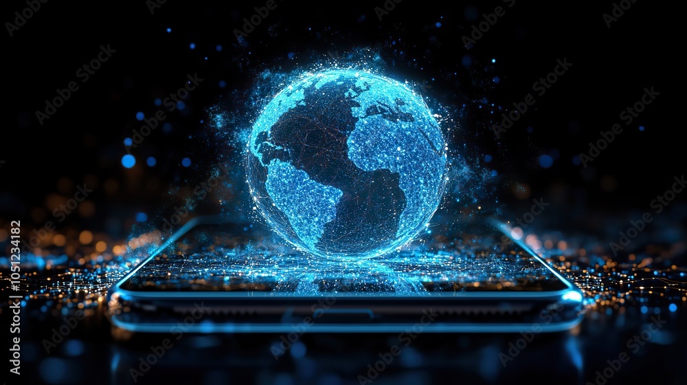 Poster smartphone displaying holographic globe, representing digital communication and global connectivity.