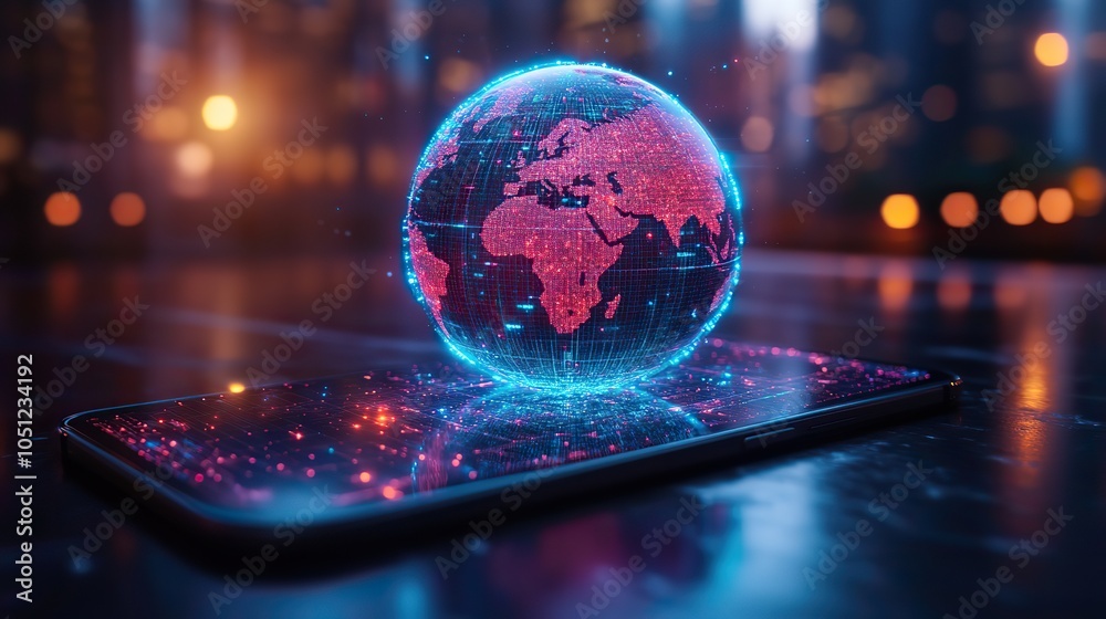 Aufkleber smartphone displaying holographic globe, representing digital communication and global connectivity.