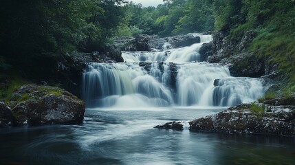 Fototapeta premium Scotland's Glen Orchy waterfalls, long exposure, summer.