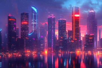 Obraz premium Futuristic Neon Cityscape at Dusk with Reflective Water and Vibrant Skyscrapers Illuminated by Colorful Lights