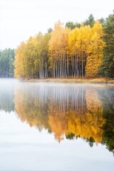Obraz premium Tranquil Autumn Lake with Mist and Vibrant Fall Foliage Reflections