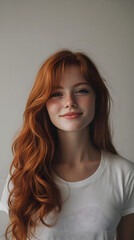 Naklejka premium A cheerful woman with long, wavy red hair, smiling against a soft, neutral background.