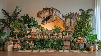 Dinosaur-themed party decor with lush greenery and accessories