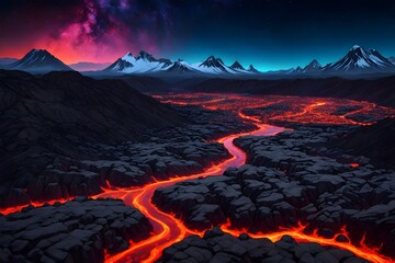 A lava filled landscape with rivers of neon colored magma surrounded by crystalline mountains, Ai Generated